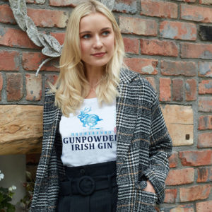 Drumshanbo-Gunpowder-Irish-Gin-Ladies-Fitted-T-Shirt---Blue-Foil-in-White